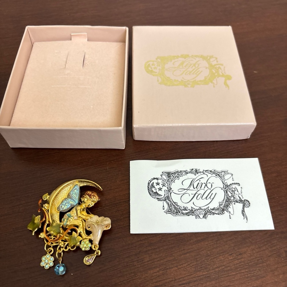 Vintage Kirks Folly Gold Fairy on Crescent Moon Dangle Brooch w Charms 2"
